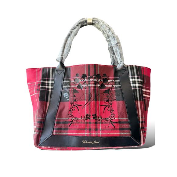 Victoria’s Secret Large Tote Bag Red Plaid V Logo Holiday Shopper NWT - Picture 4 of 12